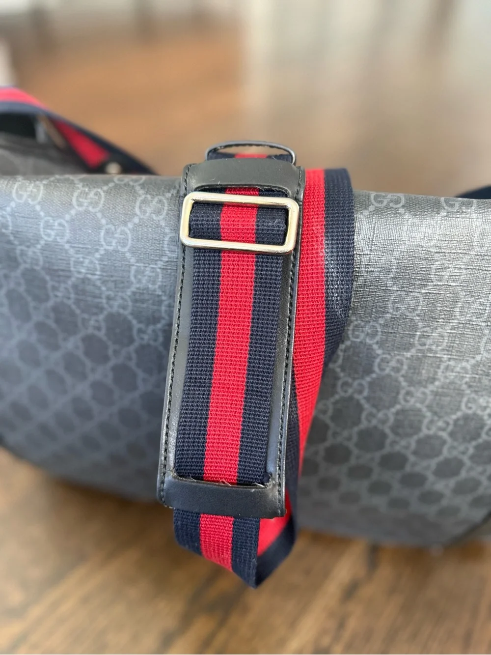 Gucci Black Monogram Diaper Bag with Red and Blue Web Strap